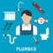 Plumber with tools and equipment, flat icons