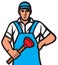 Plumber in uniform holding plunger vector illustration