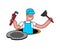 Plumber in well isolated. Working in sump. Vector illustration