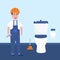 Plumber worker in toilet repair faucet. Friendly worker design, professional handyman.