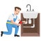 Plumber with Wrench and Fixing Kitchen Faucet Concept Vector Icon Design, Plumber equipment Symbol, Handyman Service Works Sign, S