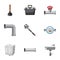 Plumbing emergency icons set, cartoon style