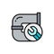 Plumbing, pipe replacement, repair drain pipe flat color line icon.