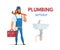 Plumbing service advertising banner in flat design. Cartoon repairman in uniform standing with wrench in hand and tools