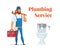 Plumbing service advertising banner in flat design. Cartoon repairman in uniform standing with wrench in hand and tools