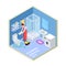 Plumbing service. Isometric bathroom. Vector plumber repairing toilet