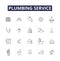 Plumbing service line vector icons and signs. Pipes, Fittings, Repair, Leaks, Clogs, Unblocking, Installation, Toilet