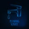 Plumbing service logo template with futuristic glowing low polygonal faucet with dripping water.