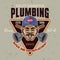 Plumbing service and pipe replacement vector vintage emblem, label, badge or logo with plumber man head in cap hat