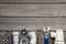 Plumbing tools, pipe and fixings on a rustic wooden background. Home improvement
