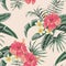 Plumeria hibiscus leaves tropical seamless pattern