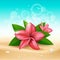 Plumeria pink flower and leaf vector on sand and sea blue background