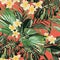 Plumeria tropical exotic flower seamless pattern. Realistic floral illustration with palms monster leaves.