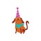 Plump puppy in the birthday party hat cartoon flat vector illustration isolated.