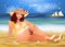 Plus size sexual woman on the beach, summer time card, vector