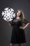 Plus size woman in black dres with snowflake on gray background