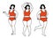 Plus size woman in red underwear in different active poses. Happy girl dancing, body positive concept. Vector outline