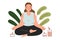 Plus size woman sits in lotus pose, practices yoga exercise, enjoys meditation. Candles burning, aromatherapy. vector