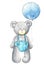 Plush bear in blue clothes with blue balloon