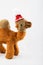 Plush camel in Santa Claus hat on a white background.