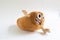 Plush children`s funny toy - funny potato with big eyes. Vegetable theme, live potatoes.