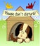 Plush dog sleeping in the shed on meadow, please do not disturb, two birds sitting on the roof, cartoon comic illustration