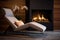 a plush lounge chair by a modern indoor fireplace
