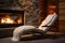 a plush lounge chair by a modern indoor fireplace