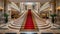 a plush red carpet cascades down the stairs, adorning the interior of a lavish hotel or restaurant, exuding elegance and