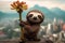 Plush sloth with a flower. Beautiful mountains in the background. Vacation holiday concept