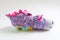 Plush soft children`s toy purple dragon with colorful round spots. Turn it inside out.