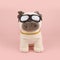 Plush soft light beige pug dog toy with sunglasses and gold collar isolated on pink background. Front view, close up. Square photo