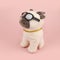 Plush soft light beige pug dog toy with sunglasses and gold collar isolated on pink background. Side view, close up. Square photo