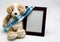 Plush teddy bear and empty picture frame with `It`s A Boy` ribbon