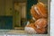 Plush teddy bear toy at a window of a house inside of the Chernobyl Exclusion Zone in the Ukraine