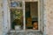 Plush teddy bear toy at a window of a house inside of the Chernobyl Exclusion Zone in the Ukraine