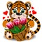 Plush toy tiger with a basket of tulips