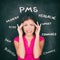 PMS premenstrual syndrome Asian woman holding head in pain having headache, stomach cramps, acne, mood swings with symptoms