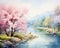 Pnting watercolor landscape is a beautiful spring nature background.