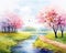 Pnting watercolor landscape is a beautiful spring nature background.
