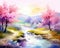 Pnting watercolor landscape is a beautiful spring nature background.