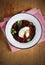 Poached egg on grated beetroot gluten-free risotto with cilantro