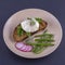 Poached egg on a piece of bread with fried green beans, radish and arugula on a plate