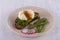 Poached egg on a piece of bread with fried green beans, radish and arugula on a plate