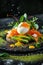 Poached egg and salmon on an avocado salad., AI Generated