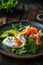 Poached egg and salmon on an avocado salad., AI Generated