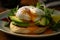 Poached eggs on an English muffin, topped with avocado mash and amber natural honey. Generative Ai