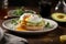 Poached eggs on an English muffin, topped with avocado mash and amber natural honey. Generative Ai