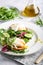 Poached eggs with herbs, avocado and cucumber served on a plate on a light background Copy space