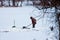 Poacher silhouette collect bloodworm by washing it out from mud with a metal sieve in ice hole on a narrow frozen winter river